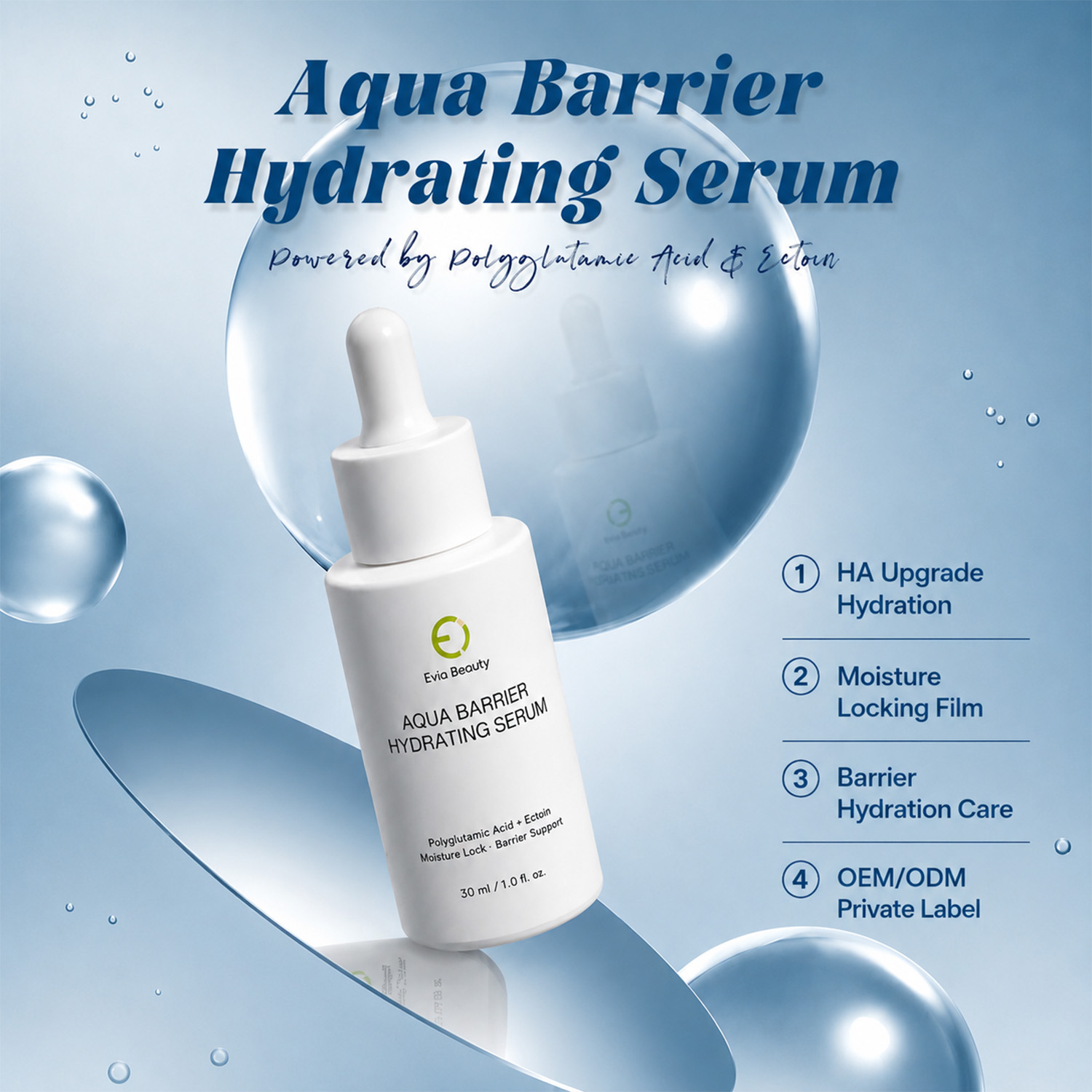 OEM ODM Private Label Polyglutamic Acid Ectoin Hydrating Face Serum HA Moisture Lock Barrier Support Skincare Serum for Dry Skin