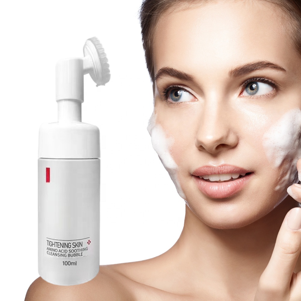100ml Amino Acid Anti-Wrinkle Pore Shrinking Hydrating Foaming Cleansing Mousse Facial Cleanser for Makeup Removal Massage Brush