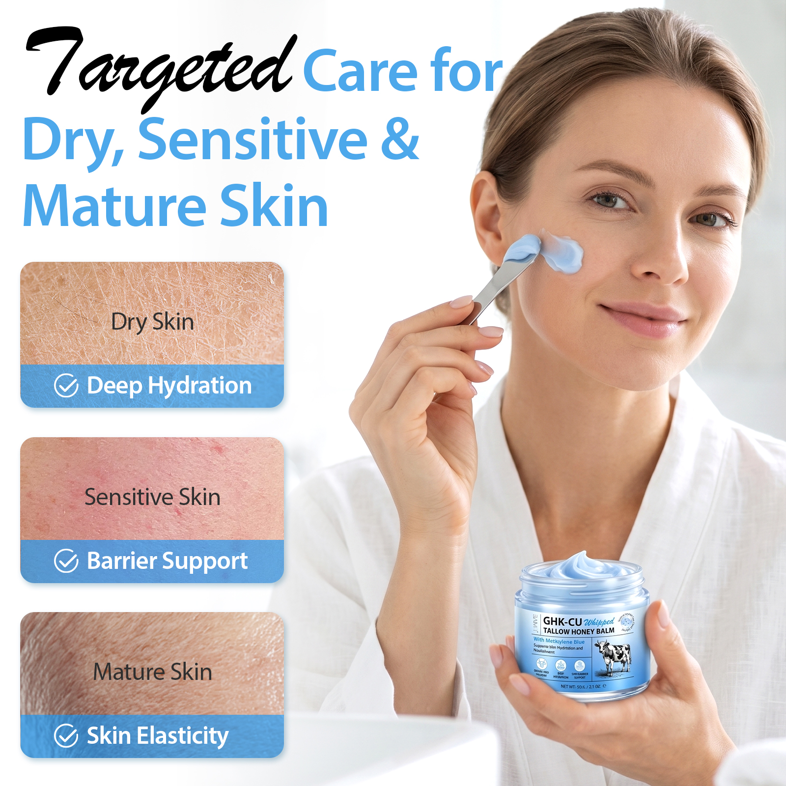 ELAIMEI Wholesale 60g Ghk-cu Blue Moisturizer Cream Copper Peptide Whipped Beef Tallow Balm With Manuka Honey For Face Body