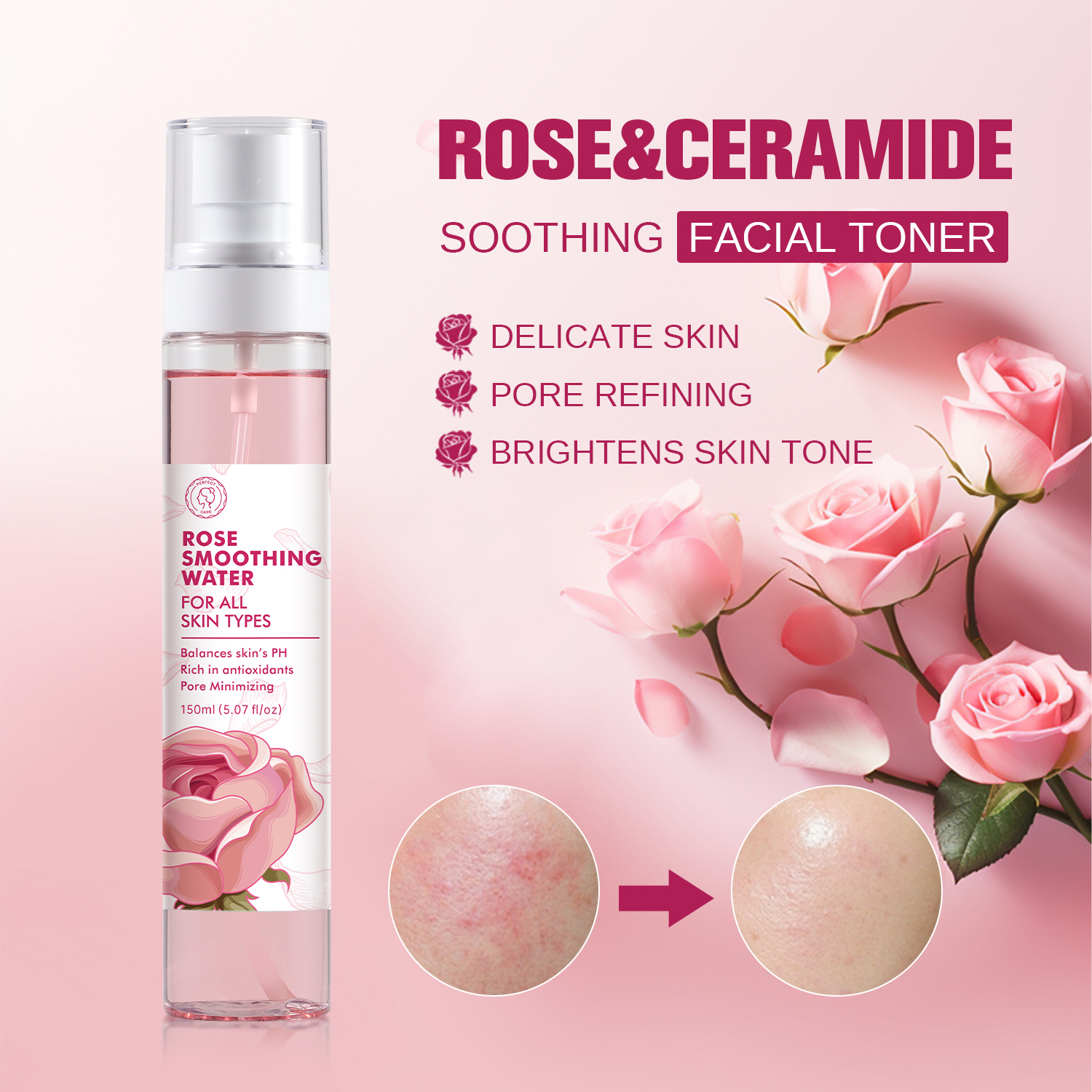Perfectcare Wholesale Rose Essence Toner Soothing Moisturizing Repairing Skin Pink Bottle Face Toner Spray Adults Women
