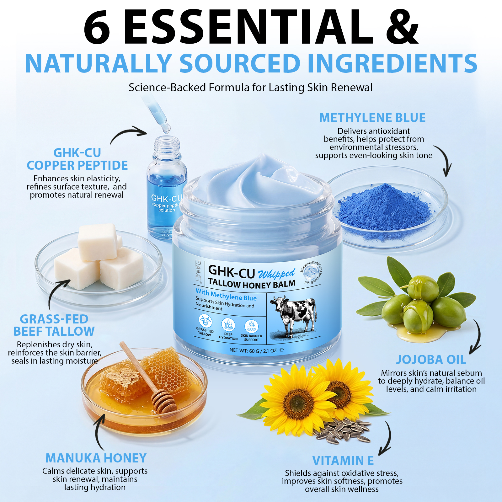 ELAIMEI Wholesale 60g Ghk-cu Blue Moisturizer Cream Copper Peptide Whipped Beef Tallow Balm With Manuka Honey For Face Body