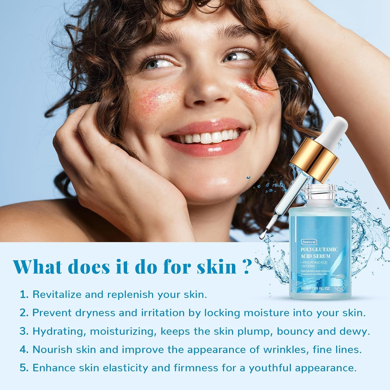 Polyglutamic Acid Moisturizing Serum with Hyaluronic Acid and Glycerin - Plump, Hydrate, Firm,Face Serum for Dry Skin