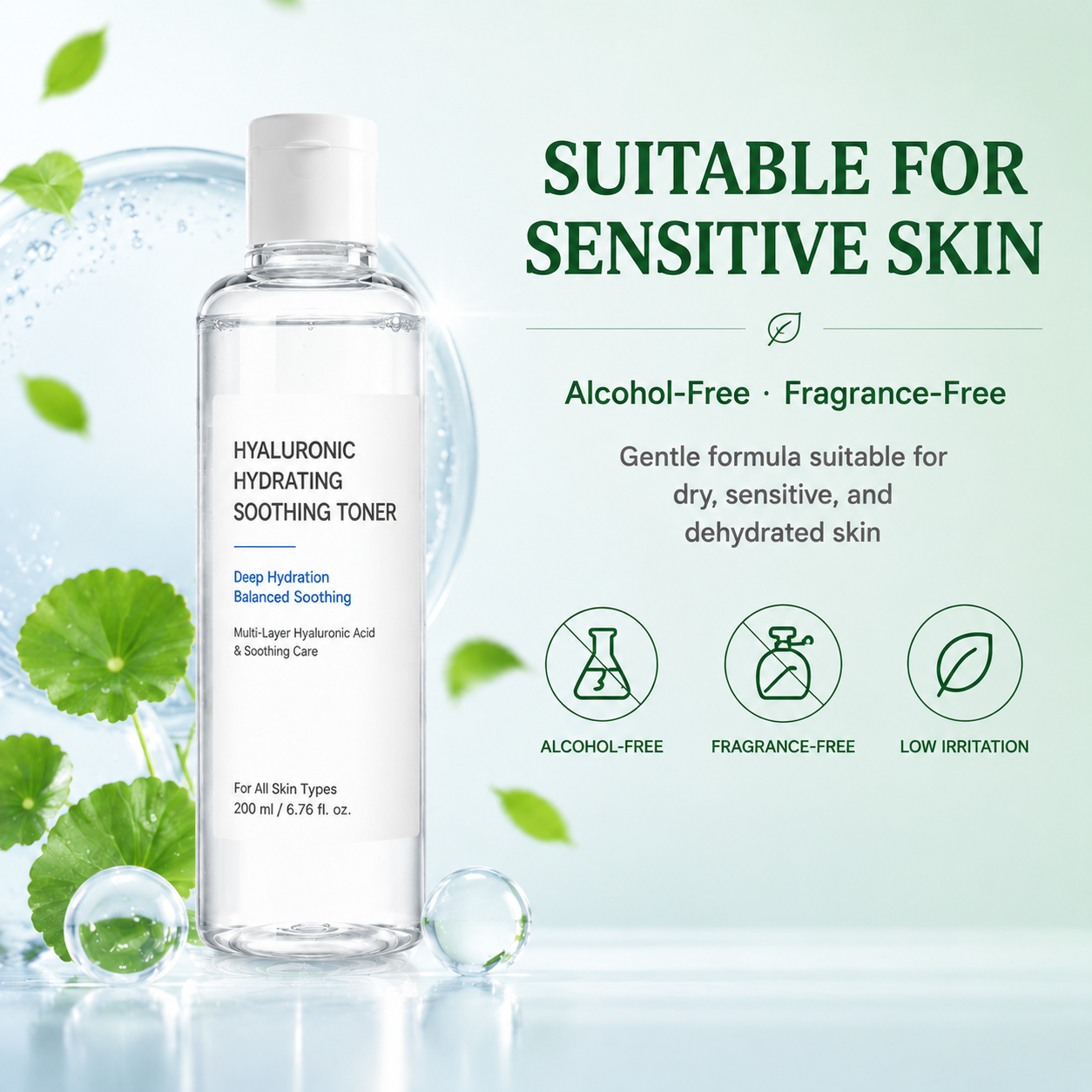 Vegan Organic Luxury Skincare Barrier Repair Deep Moisture Hydrating Soothing Hyaluronic Acid Face Toner for Dry Sensitive Skin