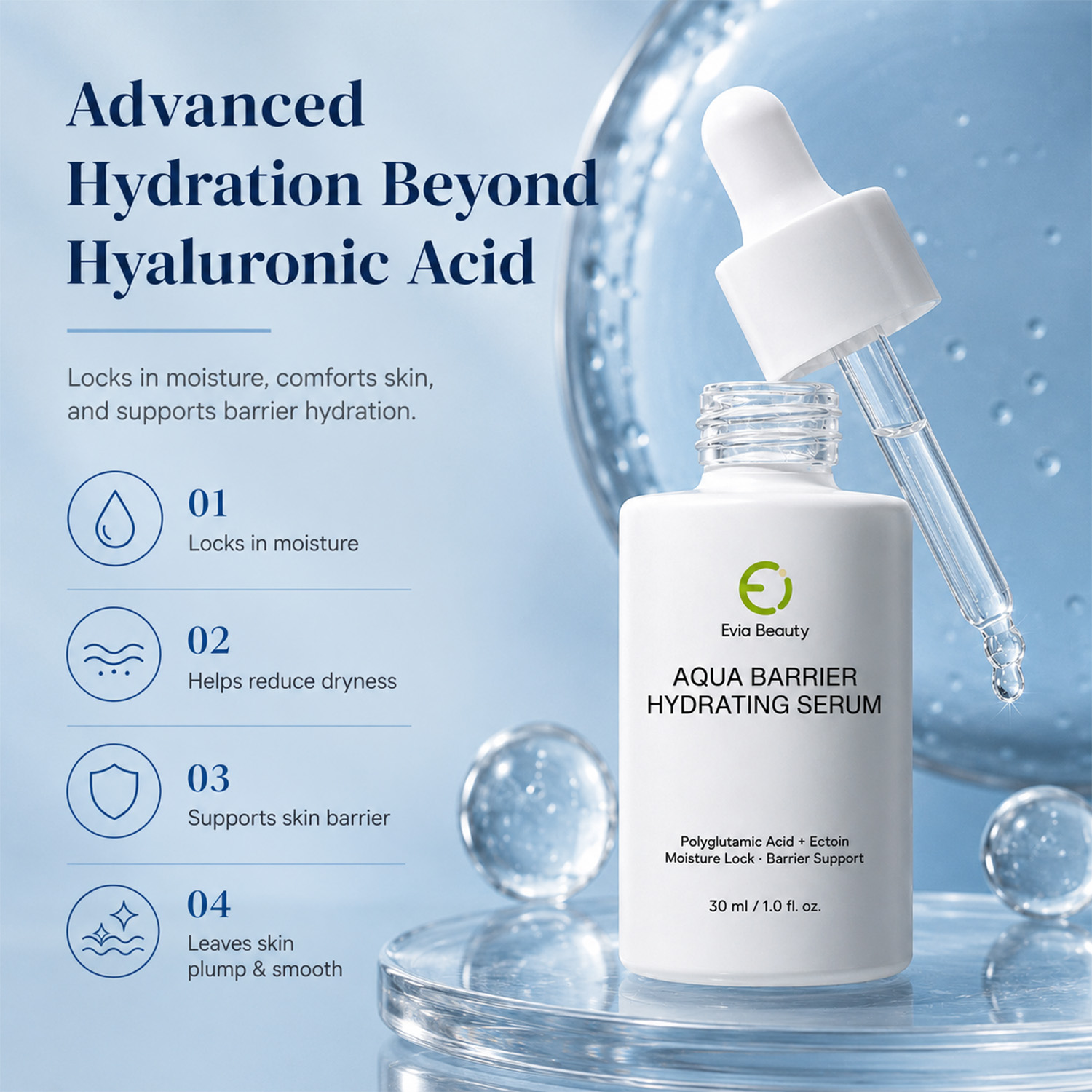 OEM ODM Private Label Polyglutamic Acid Ectoin Hydrating Face Serum HA Moisture Lock Barrier Support Skincare Serum for Dry Skin