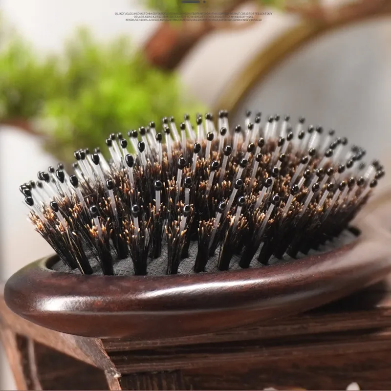 Eco-Friendly Sandalwood Paddle Scalp Massager Brush Boar Bristles Cushion Massage Detangler Brush