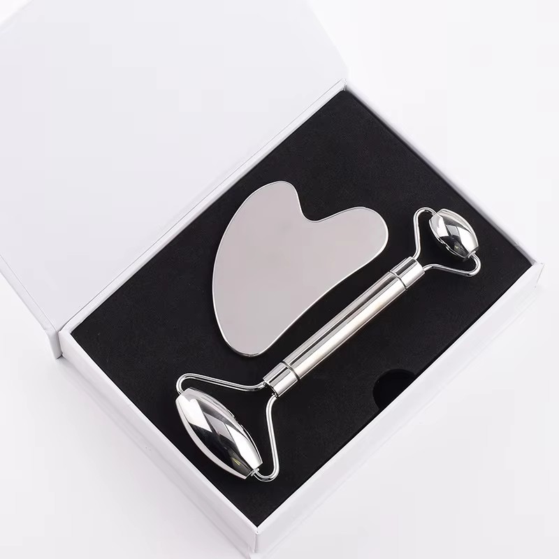 Wholesale Custom Spa Gift Body Facial Massage Hand-Held Diffuser Gua Sha Tool Skin Care Stainless Steel Face Roller Set