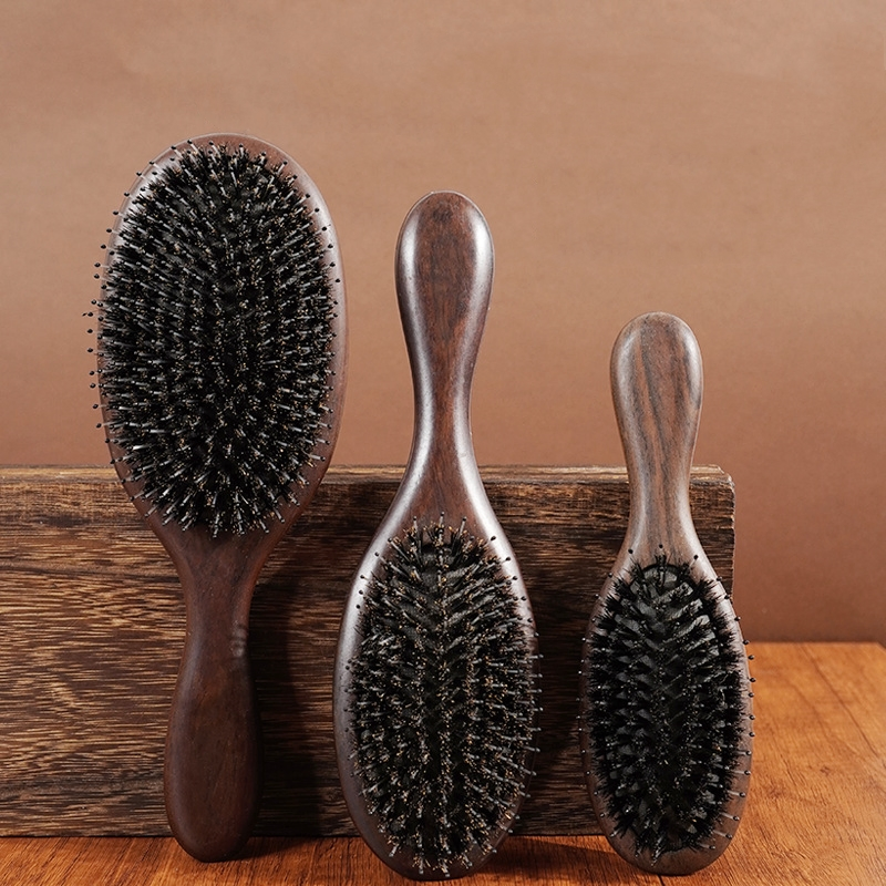 Eco-Friendly Sandalwood Paddle Scalp Massager Brush Boar Bristles Cushion Massage Detangler Brush
