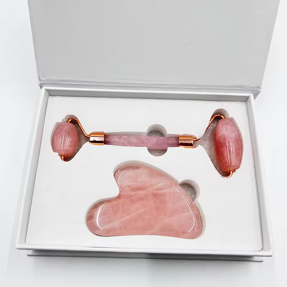 Custom Logo Hot Selling Rose Quartz Guasha and Roller Face Massager Tool Guasha Masajeador Facial Stone Set