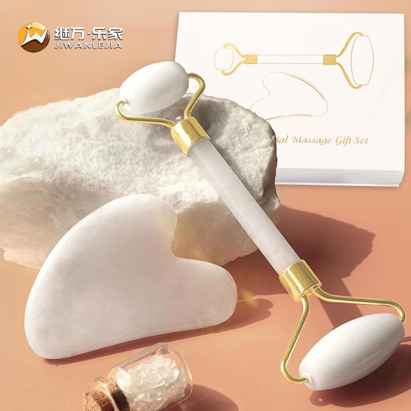 Jiwan Lejia Custom Logo Beauty Face Sculpting Anti Aging Gua Sha Stone Double Head White Jade Roller Facial and Guasha Stein Tool Manufacturer