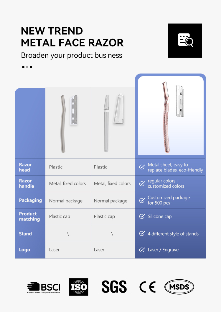 Custom Logo Eco Friendly Make Up Tool Replaceable Stainless Steel Blade Women Metal Handle Facial Razors Eyebrow Razor Trimmer