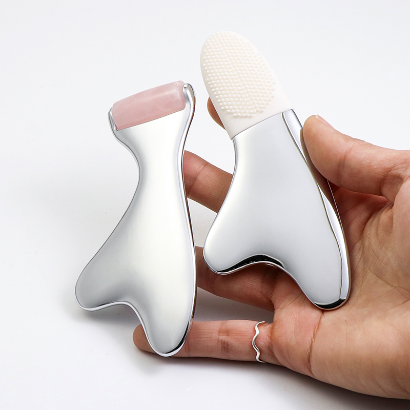 Portable Beauty Tool Mini Eye Massager Guasha Jade Metal Face Roller for Skin Care