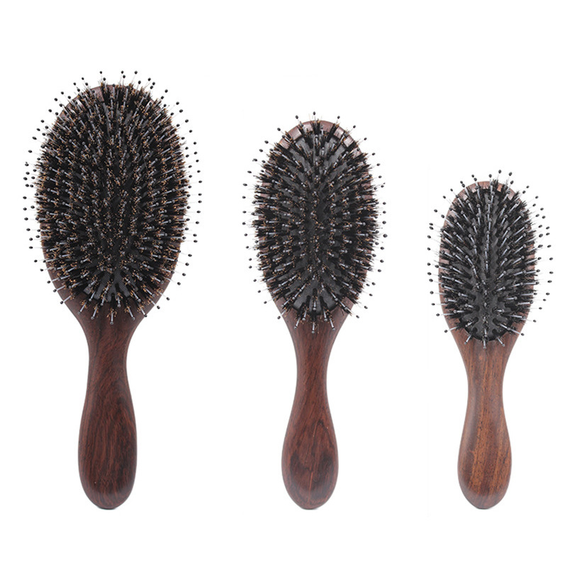 Eco-Friendly Sandalwood Paddle Scalp Massager Brush Boar Bristles Cushion Massage Detangler Brush