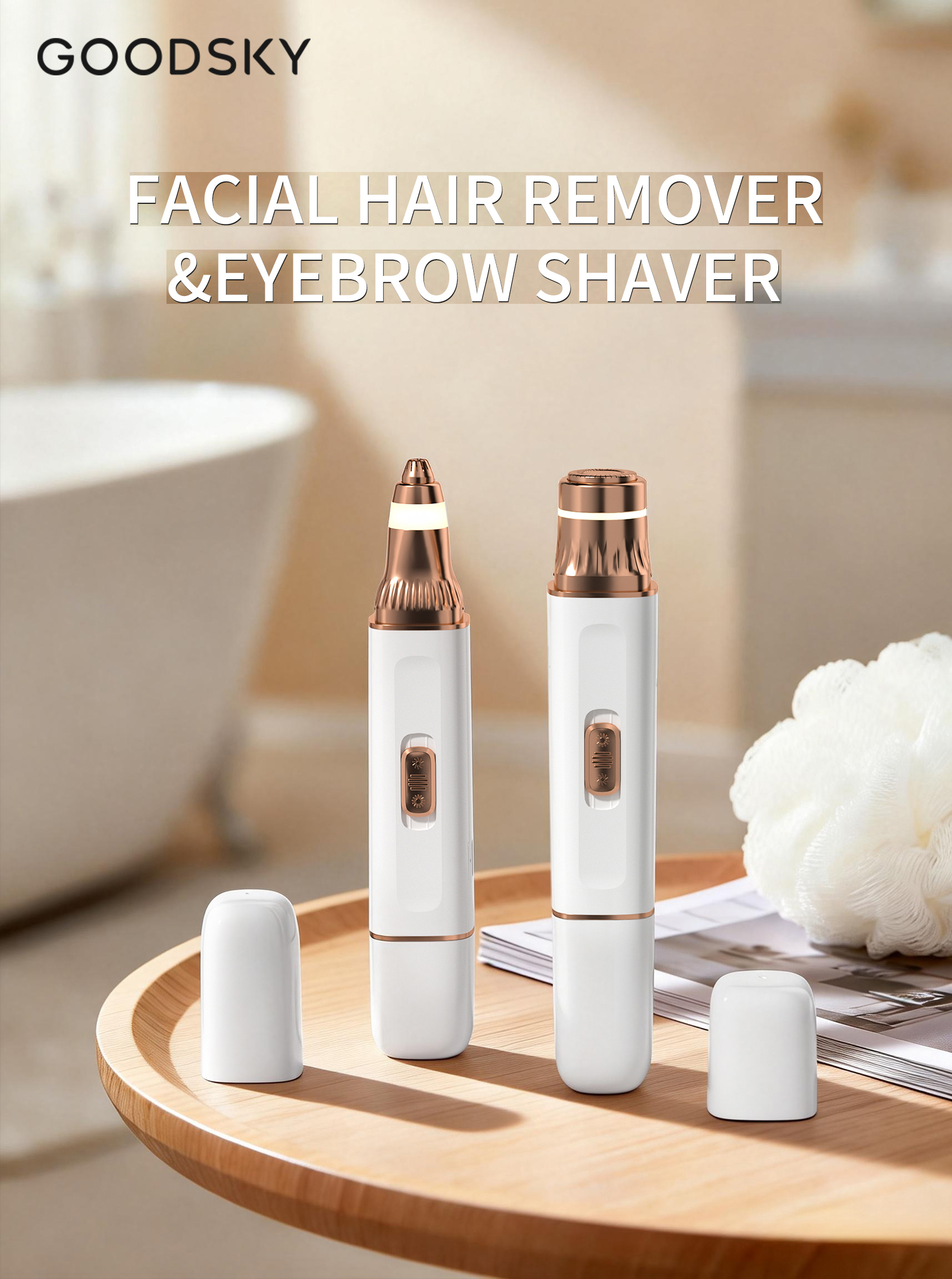 GOODSKY 2-in-1 Double Sided Facial Hair Remover Eyebrow Trimmer Rechargeable Built-in LED Lights Painless Skin Makeup Household