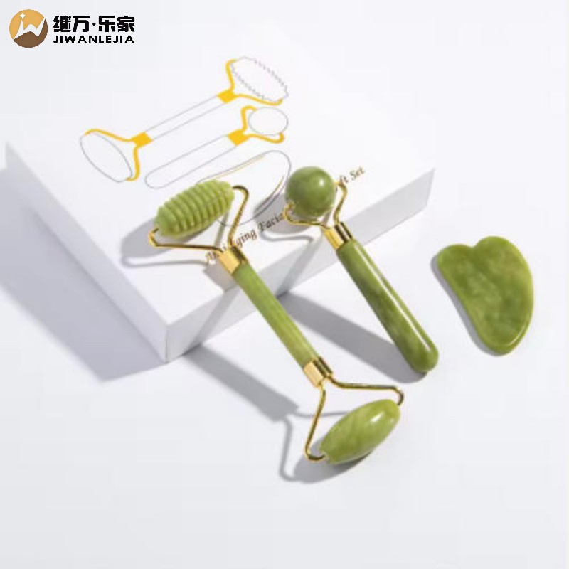 Jiwan Lejia Natural Jade Stone Face Beauty Set Xiuyan Jade Roller and Gua Sha Facial Massager Tool for Anti Aging
