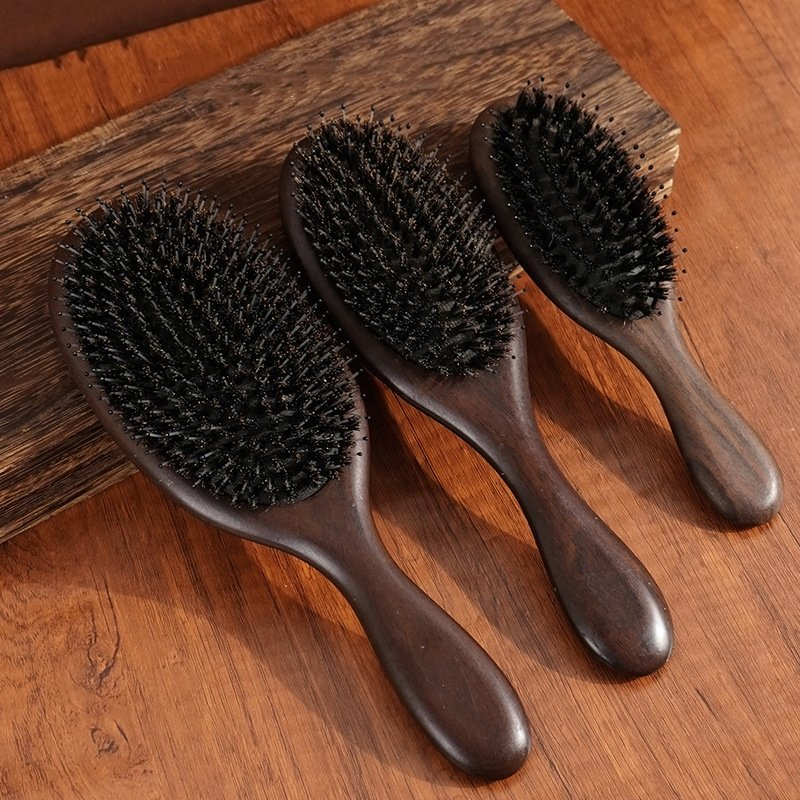 Eco-Friendly Sandalwood Paddle Scalp Massager Brush Boar Bristles Cushion Massage Detangler Brush
