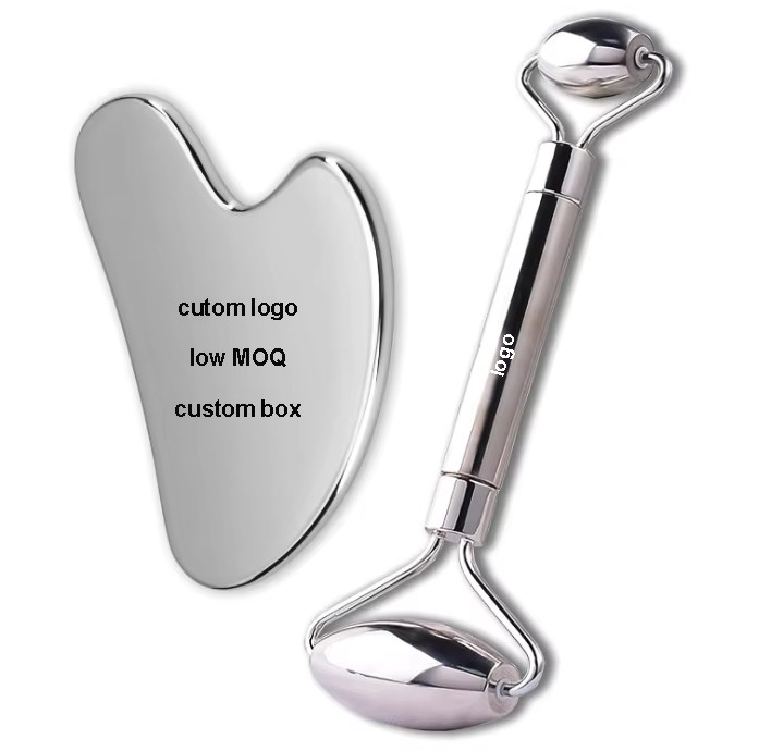 Wholesale Custom Spa Gift Body Facial Massage Hand-Held Diffuser Gua Sha Tool Skin Care Stainless Steel Face Roller Set