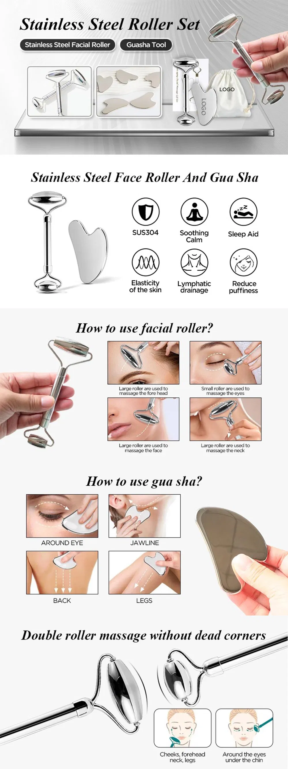 Custom Logo Skin Facial Roller Scraping Guasha Metal Stainless Steel Gua Sha Massage Health Care Tool