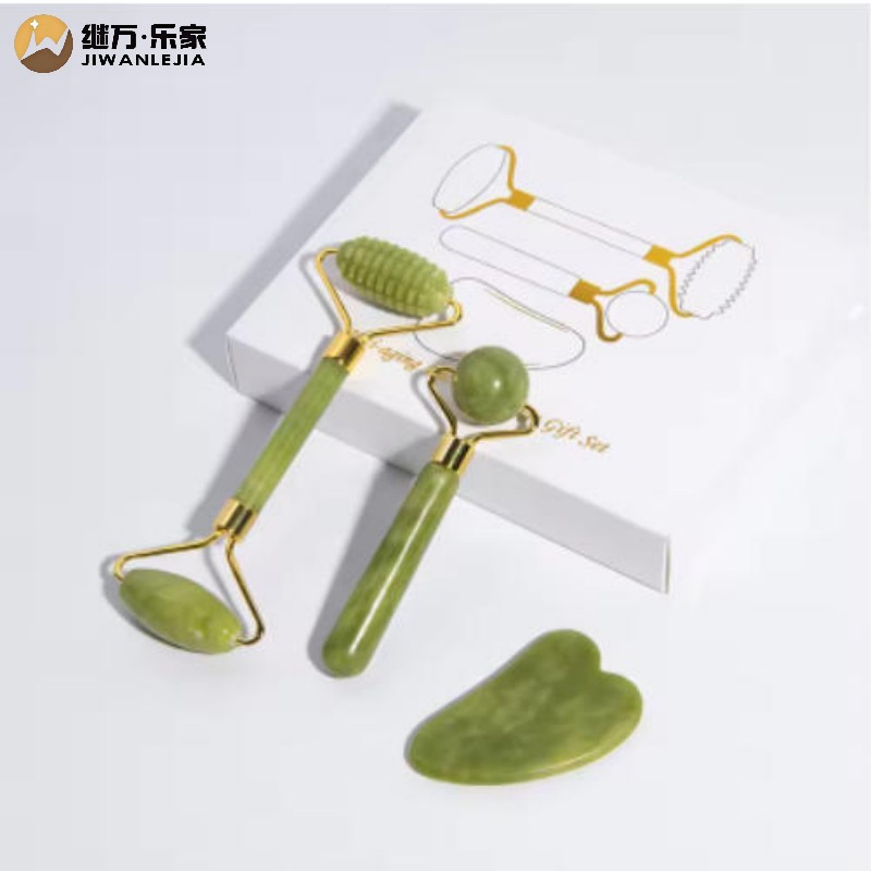 Jiwan Lejia Natural Jade Stone Face Beauty Set Xiuyan Jade Roller and Gua Sha Facial Massager Tool for Anti Aging