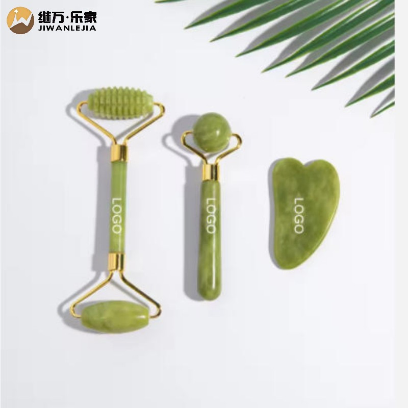 Jiwan Lejia Natural Jade Stone Face Beauty Set Xiuyan Jade Roller and Gua Sha Facial Massager Tool for Anti Aging