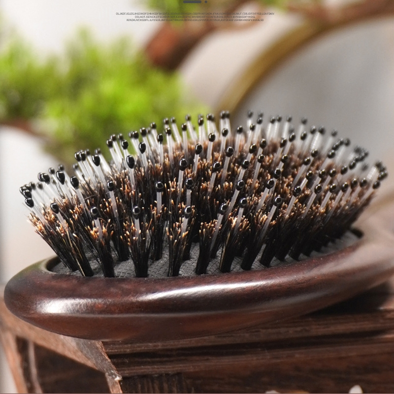 Eco-Friendly Sandalwood Paddle Scalp Massager Brush Boar Bristles Cushion Massage Detangler Brush