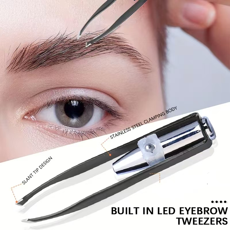 High Precision Anti Silp Slanted Eyebrow Shaping Pliers Led Light Tweezers for Eyebrows Facial Hair Remover