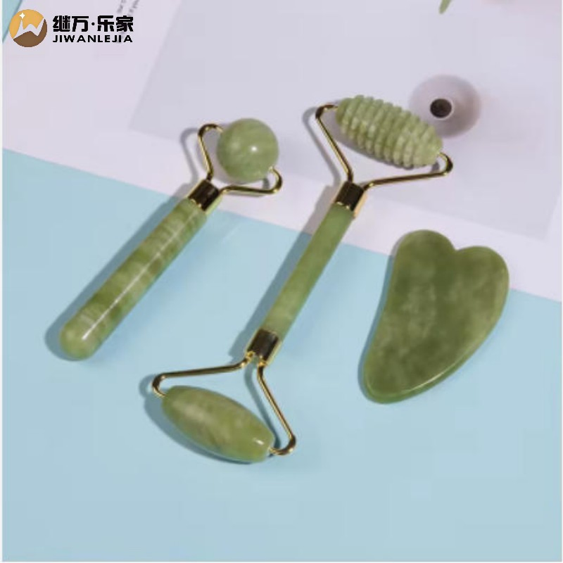 Jiwan Lejia Natural Jade Stone Face Beauty Set Xiuyan Jade Roller and Gua Sha Facial Massager Tool for Anti Aging