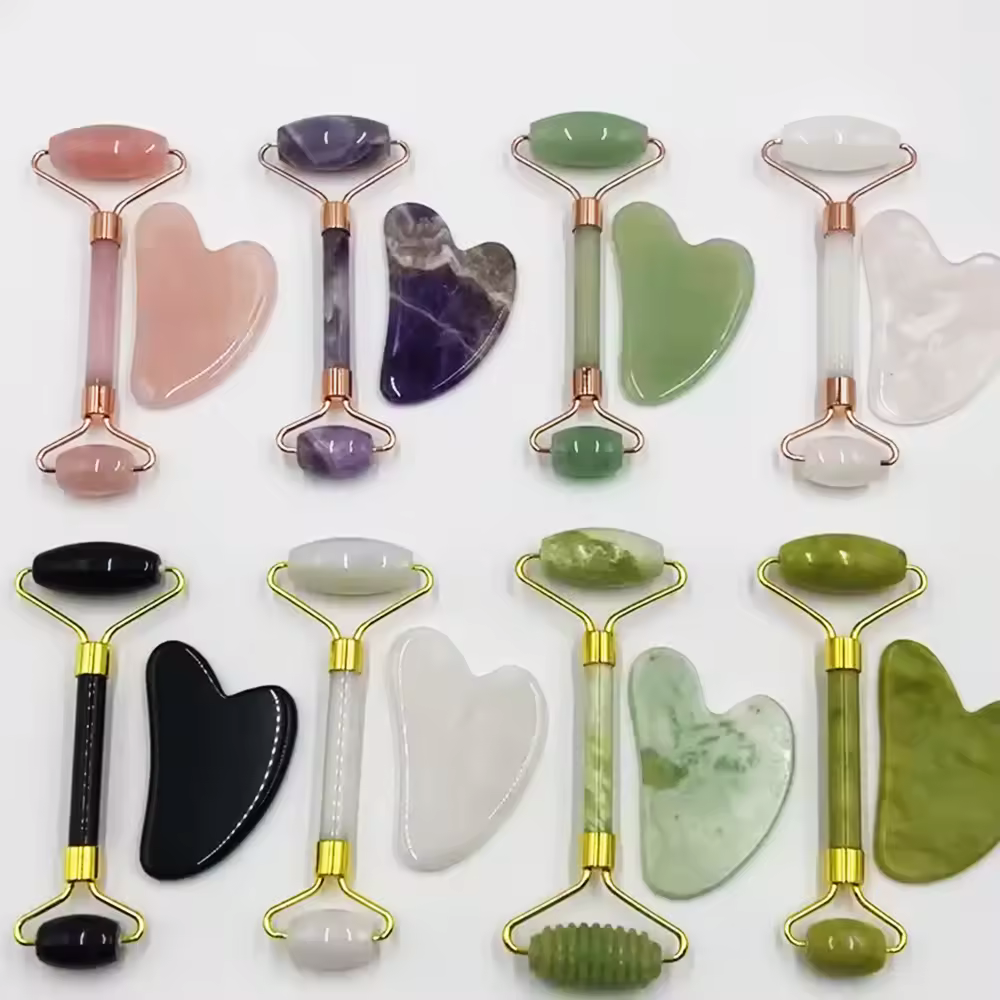 Custom Logo Hot Selling Rose Quartz Guasha and Roller Face Massager Tool Guasha Masajeador Facial Stone Set