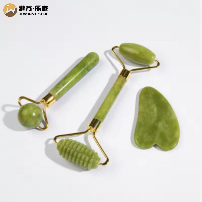 Jiwan Lejia Natural Jade Stone Face Beauty Set Xiuyan Jade Roller and Gua Sha Facial Massager Tool for Anti Aging