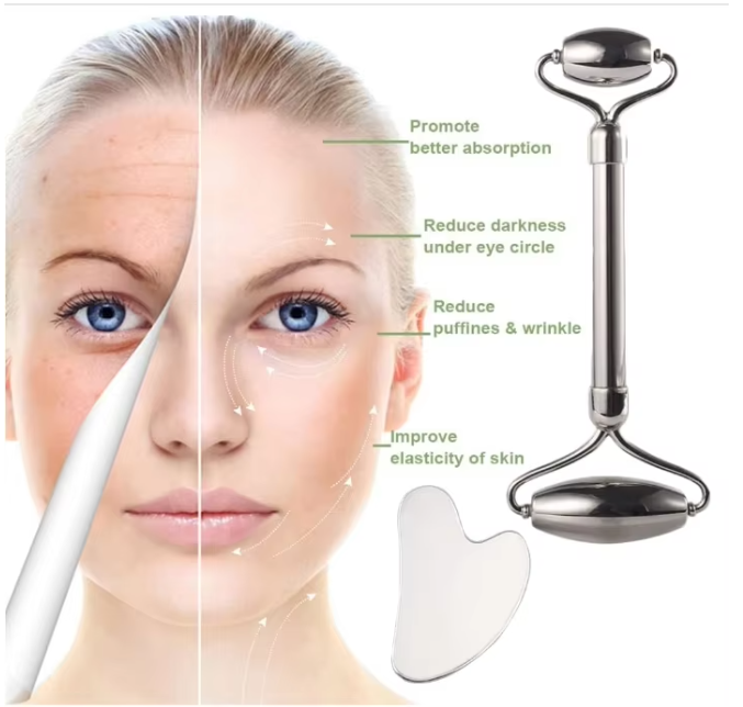 Wholesale Custom Spa Gift Body Facial Massage Hand-Held Diffuser Gua Sha Tool Skin Care Stainless Steel Face Roller Set