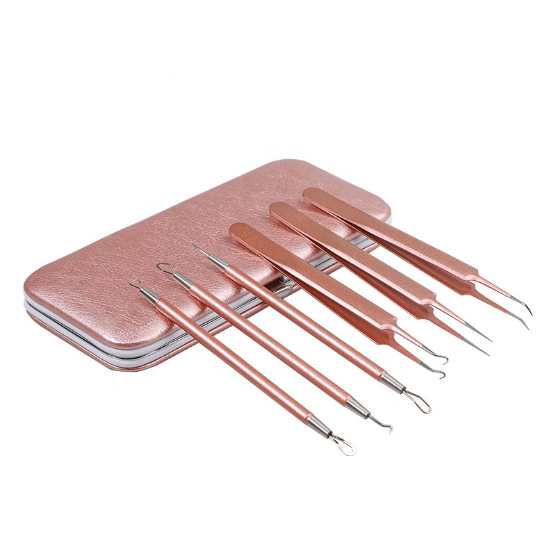 6 PCS Assorted Color Stainless Steel Facial Nose Blackhead Tweezers Kit with Mirror Pore Cleaning &amp; Acne Treatment