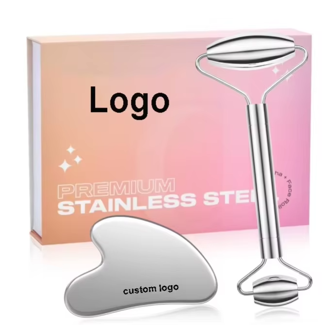 Wholesale Custom Spa Gift Body Facial Massage Hand-Held Diffuser Gua Sha Tool Skin Care Stainless Steel Face Roller Set