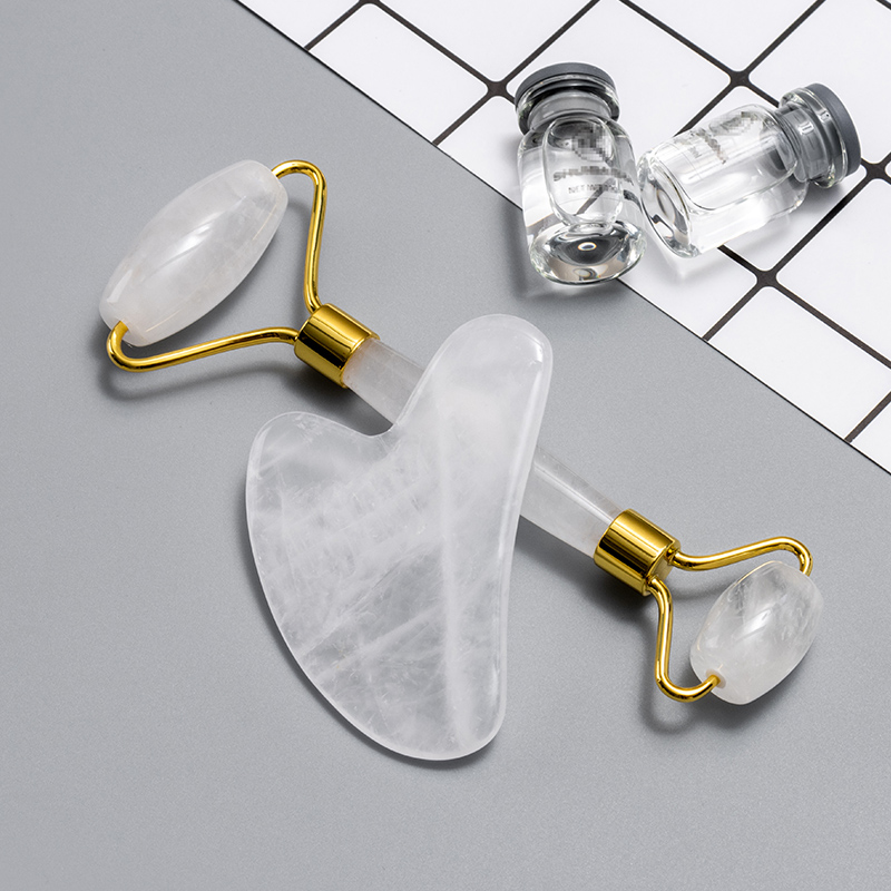Skincare Beauty Tool Facial Massage Natural Stone White Clear Crystal Jade Roller Gua Sha Set for Anti Aging