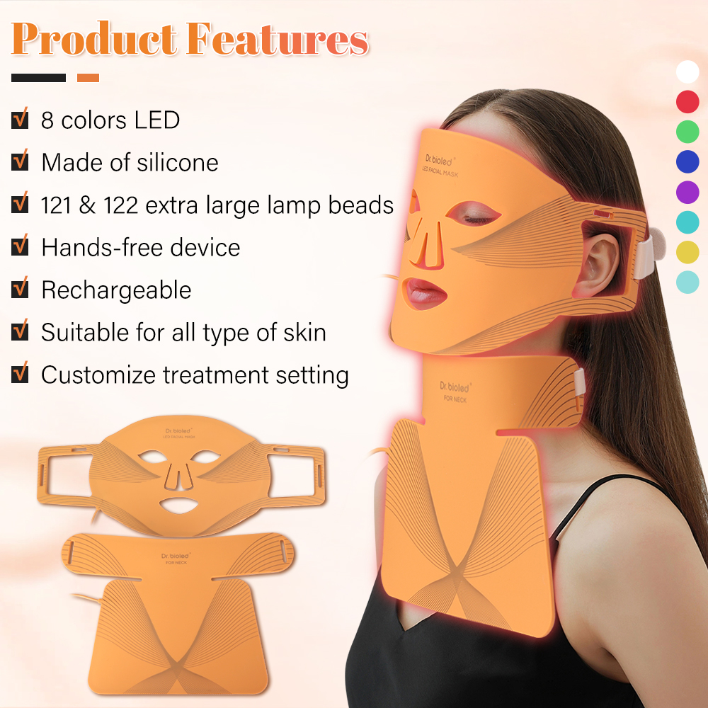 Silicone Led Facial Mask 8 Lights Therapy Photon Machine Rechargeable Foldable with 122 Lamps