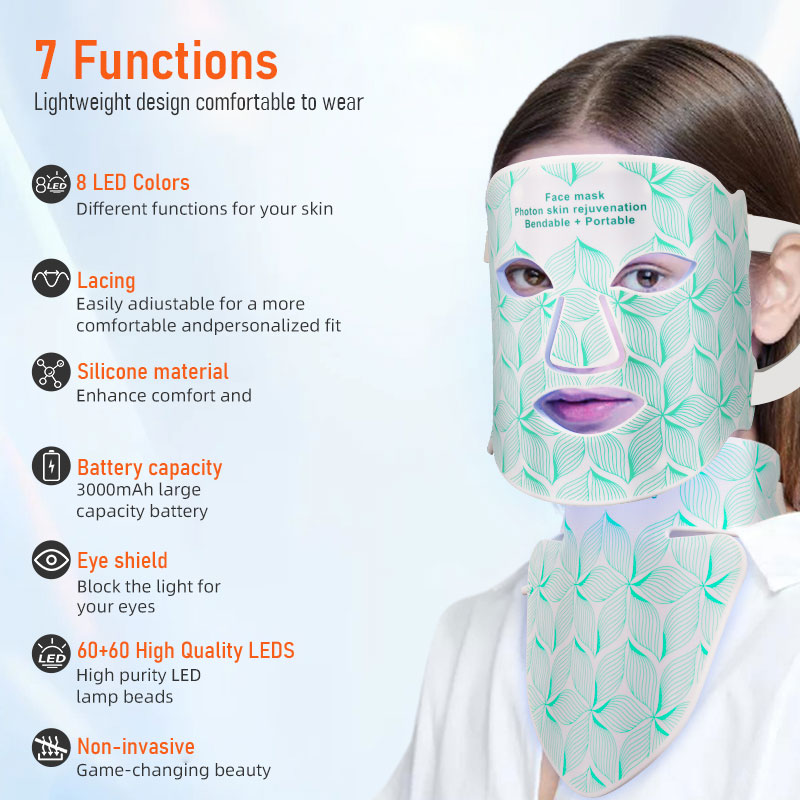 7 Color LED Light Therapy Mask 4-in-1 Medical Grade Silicone Infrared Face &amp; Neck Pad Mask for Home Use