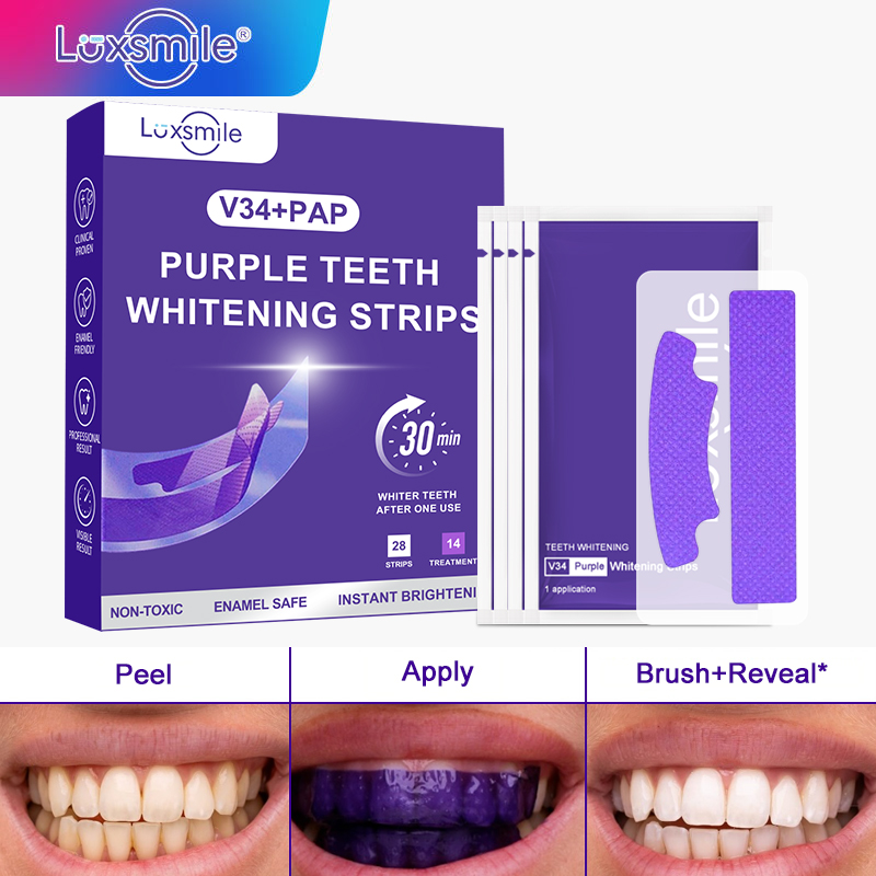 Luxsmile OEM ODM Eu Compliant Custom No Peroxide Pap 7 Treatments Kit Private Label Purple V34 Teeth Whitening Strips