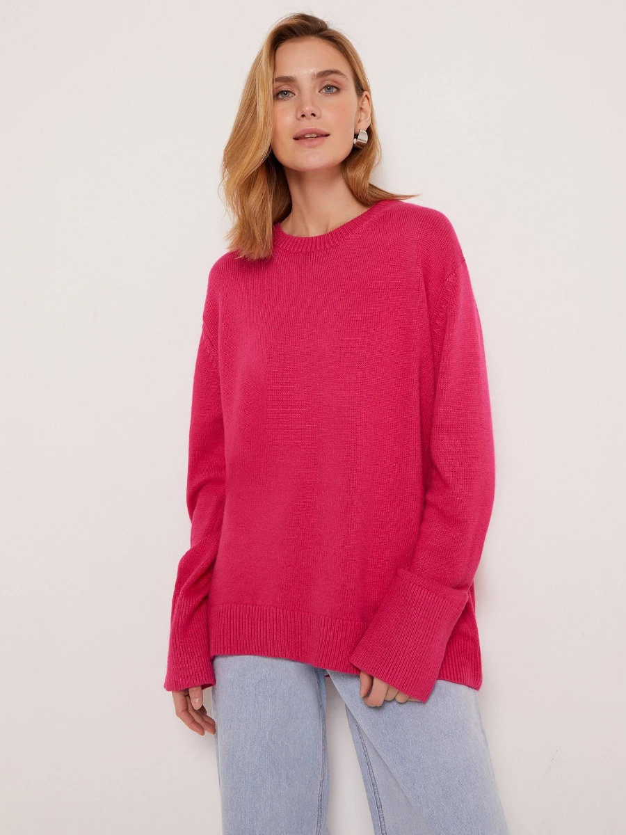 Blubelle Women's O-Neck Knit Sweater Loose Fit Soft Solid Color Cozy Oversized Casual Autumn Winter Plus Size Short Front