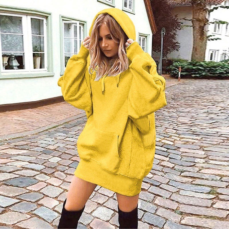Women's Mid-Long Hooded Fleece Pullover Top Loose and Casual Design with Long Sleeves for Autumn and Winter Solid Color