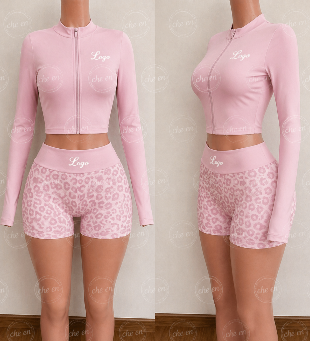 Custom Women 2 Piece Workout Sets, Long Sleeve Zip up Crop Top High Waist Leopard Print Biker Shorts Activewear Women's Sets