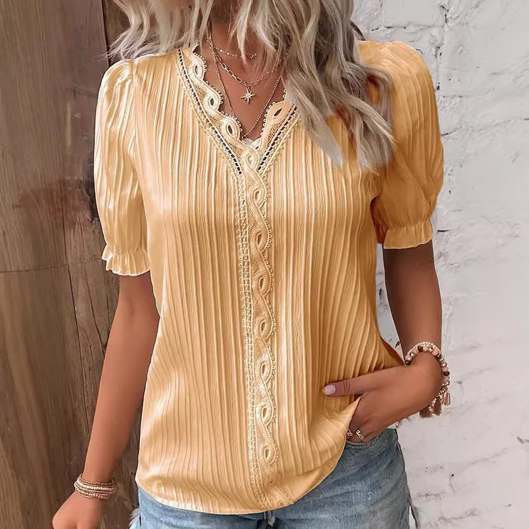 Women's Plus Size XL Blouse Top V-Neck Hollow Short Sleeve Casual Loose Street Apparel with Lace Decoration Breathable Design