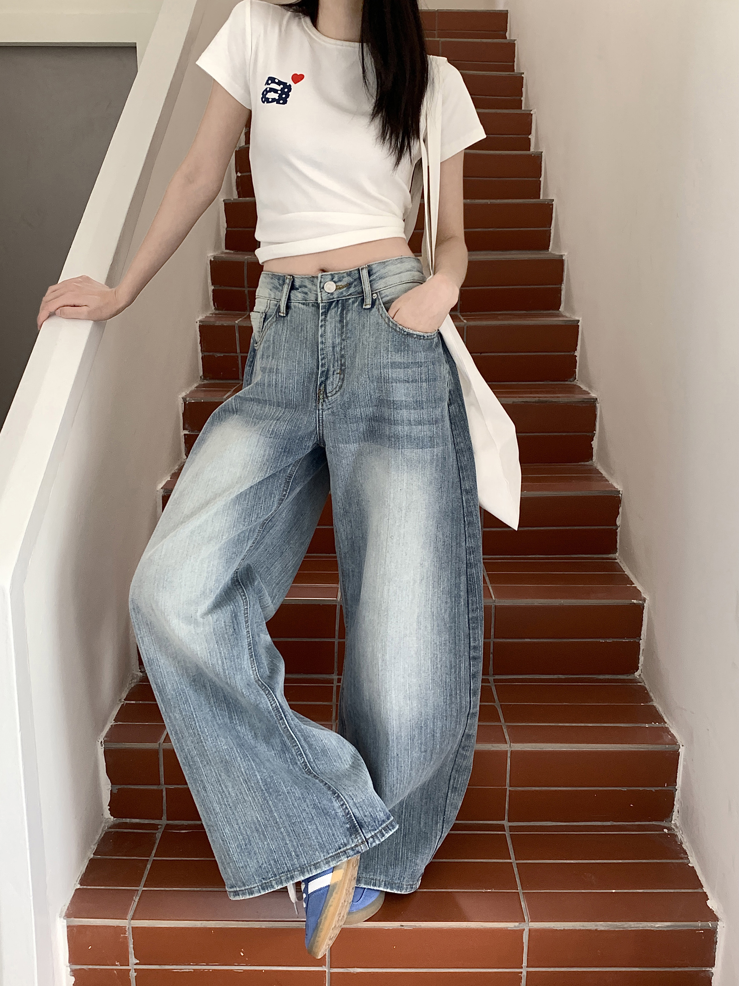 Vintage Nostalgic Machete Pants Women's High Waist All-Season Light Blue Denim Jeans Autumn Washed Loose Trousers with Wide Leg