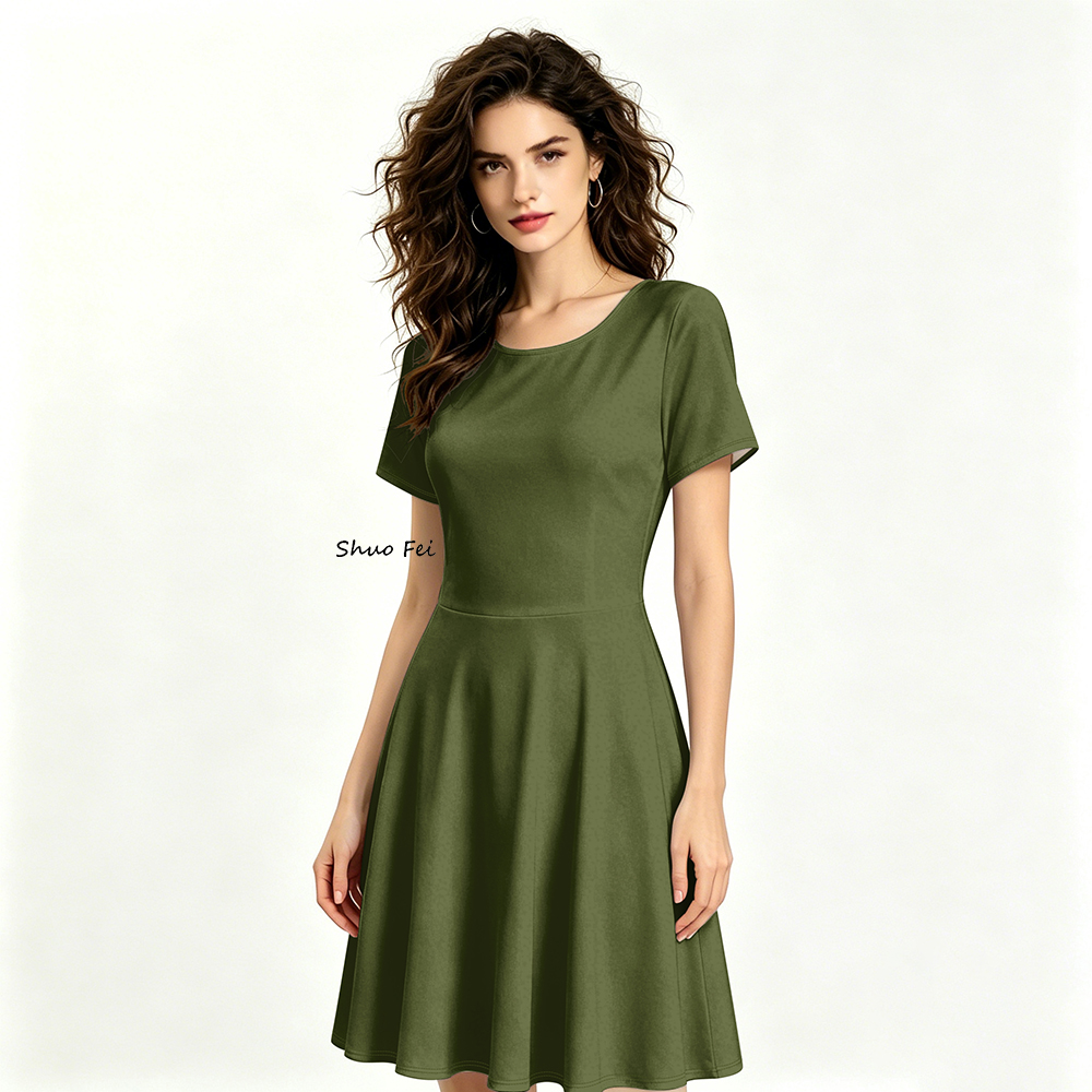 Women's Elegant Solid Plain Color Summer Dress 230g Thick Milk Fiber Fabric 8 Colors Available Casual Short Sleeve Flare Dress