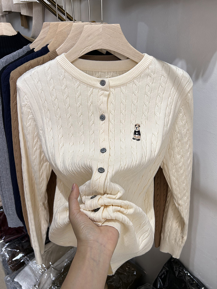 Solid Color Round Neck Long Sleeved Sweater Knitted Jacket Top for Women's New Item, Embroidered with Teddy Bear Design
