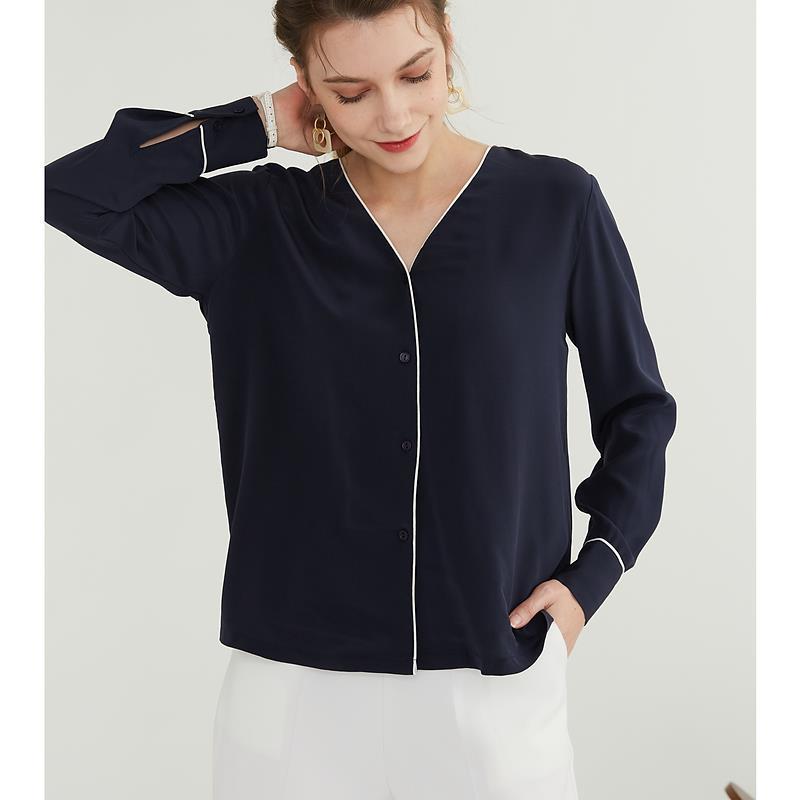 Contrasting Color French V-neck Silk Long Sleeves Blouse Ladies Tops