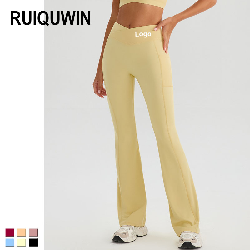 RUIQUWIN 2026 New Women High Elastic Wide Leg Pants High Waist Yoga Flare Pants Outdoor Fitness Tight Sports Pants With Pockets