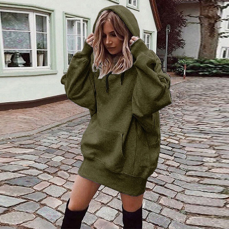 Women's Mid-Long Hooded Fleece Pullover Top Loose and Casual Design with Long Sleeves for Autumn and Winter Solid Color