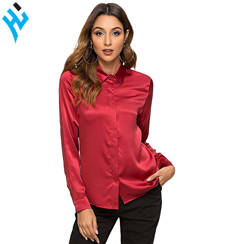 Women's Satin Silk Blouse Long Sleeve Formal Work Button Down Blouses | Office Wear Basic Simple RED Top Satin Silk Dress Shirts