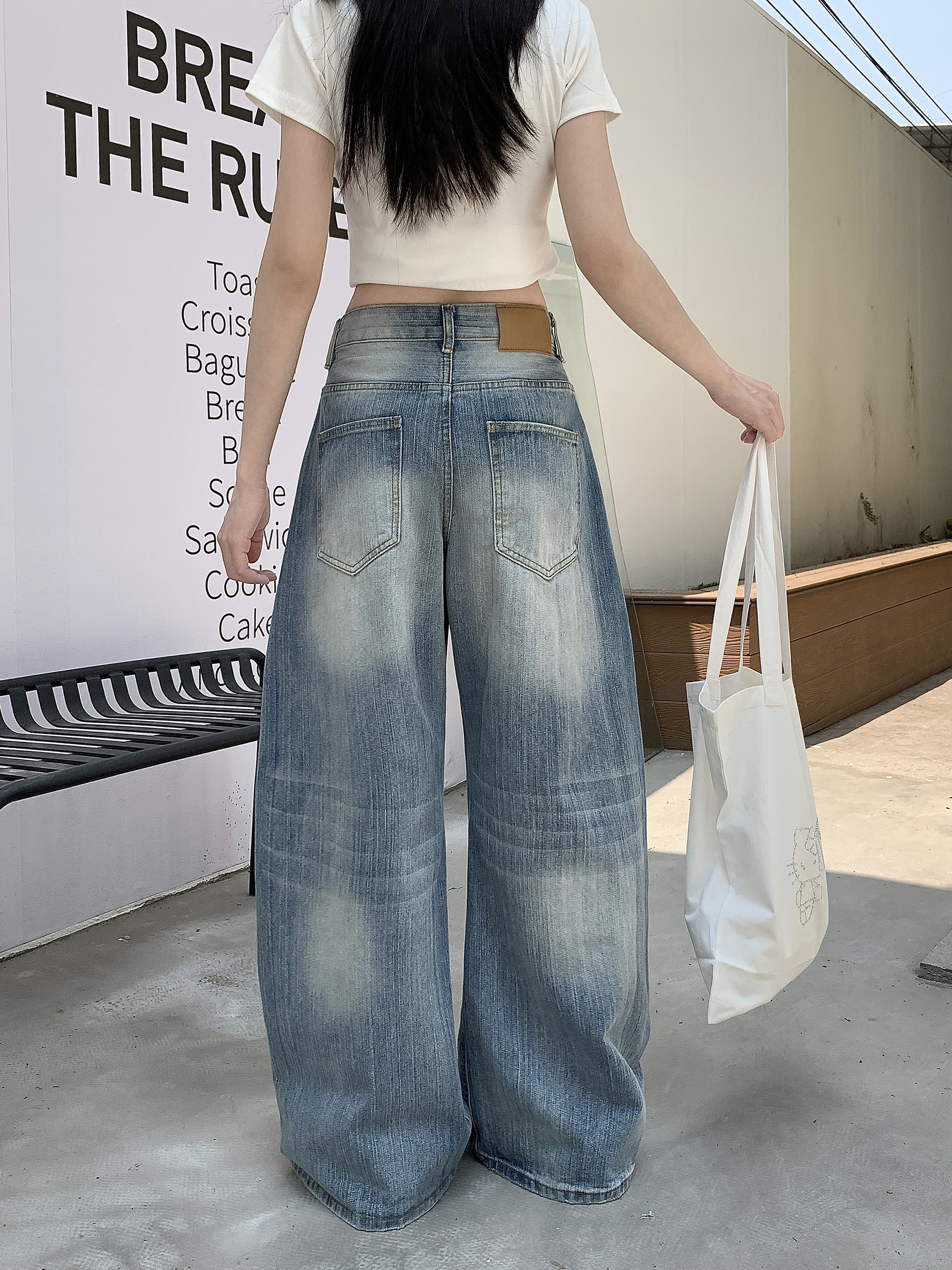 Vintage Nostalgic Machete Pants Women's High Waist All-Season Light Blue Denim Jeans Autumn Washed Loose Trousers with Wide Leg