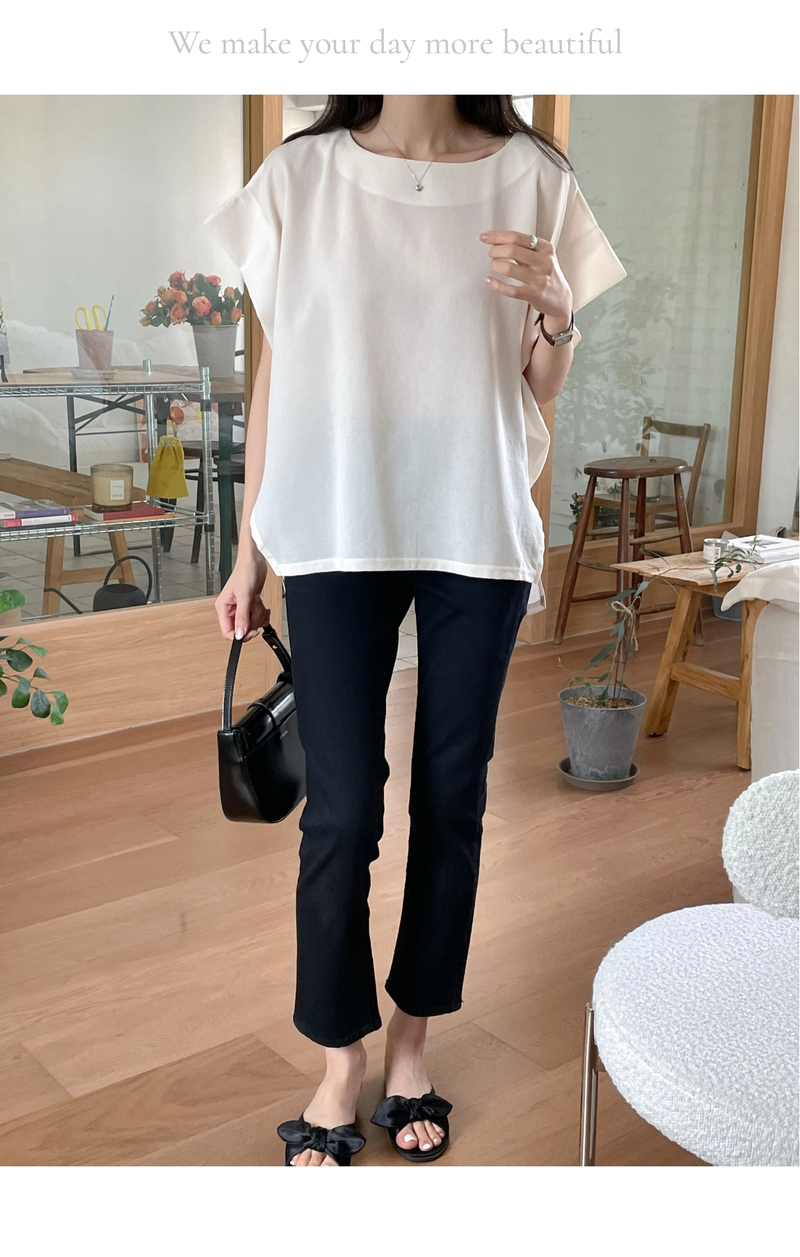 ELEGANT Relaxed Boxy Fit Women's Summer Blouse with Short Sleeve One-Shoulder Plain Dyed Polyester/Cotton Material Made in Korea