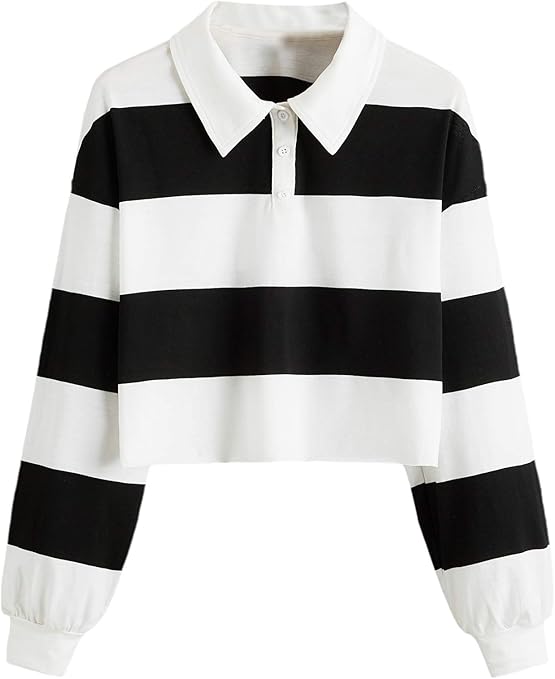 Hot Sale Custom Embroidered Logo Stripes Dropped Shoulder Long Sleeves Cropped Women's Rugby Polo Shirt