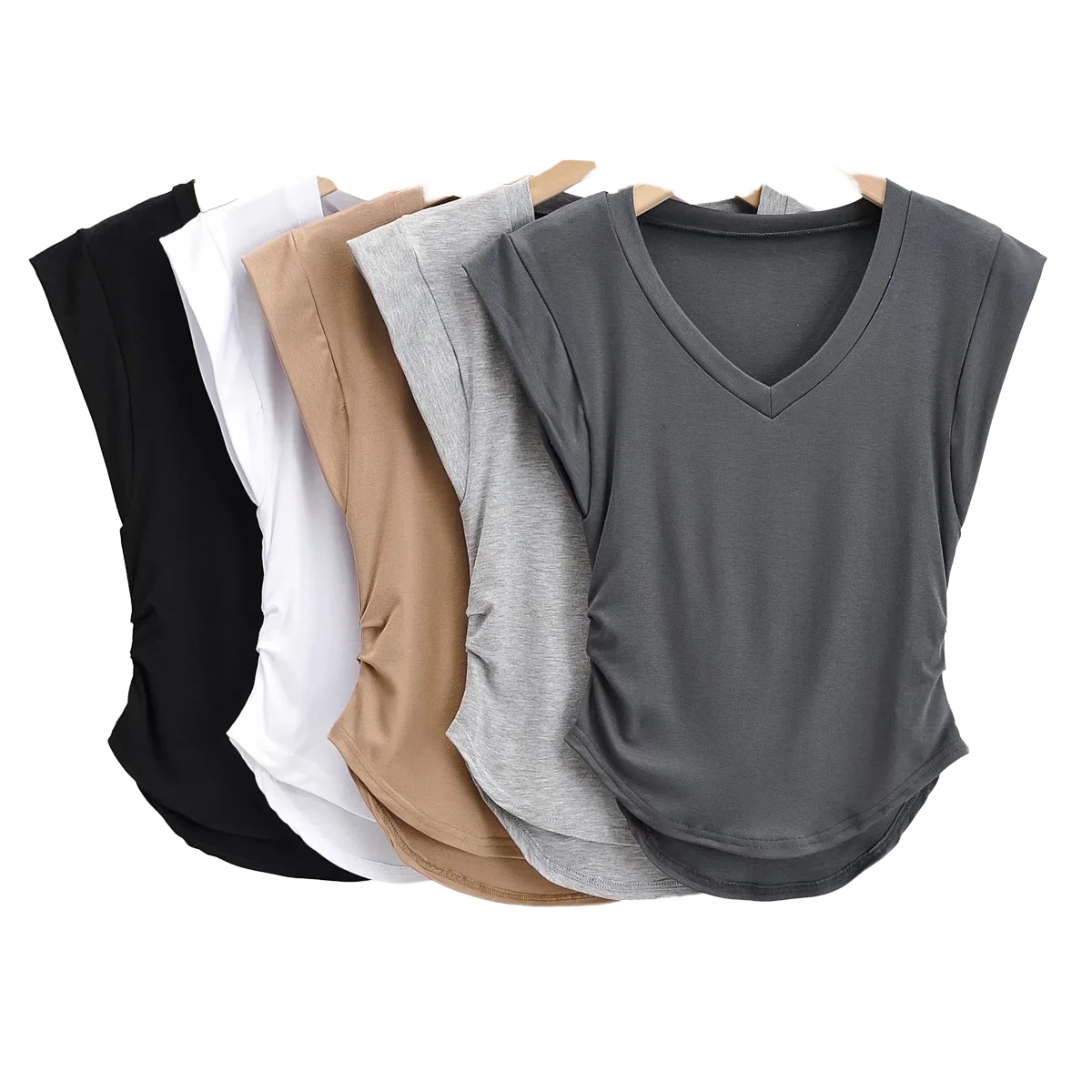 2022 American Spice Girls New O-Neck Side Ruffles Fly-Sleeve 100% Cotton Woven Hip Hop Stretch Trim Solid Color Women's T-shirt